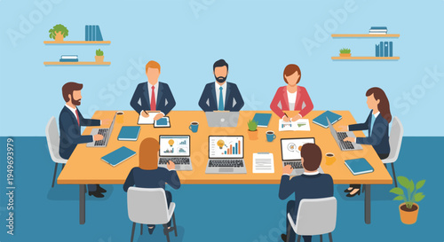 Eight business professionals, both men and women, are seated around a large table in an office meeting, actively working with laptops, documents, and coffee.