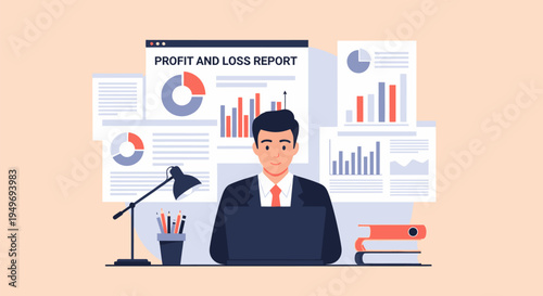Businessman at a desk with a laptop analyzing a profit and loss report surrounded by financial charts, graphs, and data visualizations in a professional flat vector illustration style.