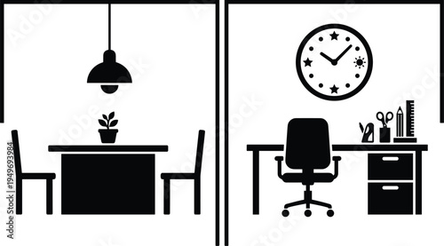 Home office and dining room interior silhouettes workspace furniture vector illustration modern room icons set isolated black design