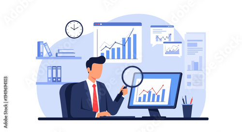 Business analyst examining financial performance charts on a computer screen with a magnifying glass, featuring vector illustration of office environment and data visualization.