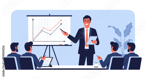 Professional business consultant in a suit presenting a financial growth line graph to a corporate team in a meeting room, using a tablet and whiteboard, vector illustration.