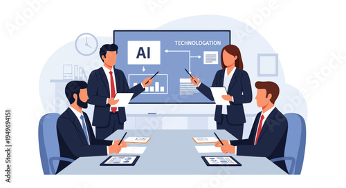 Business consultants in suits presenting an artificial intelligence presentation on a large digital screen with charts and graphs during a corporate boardroom meeting illustration.