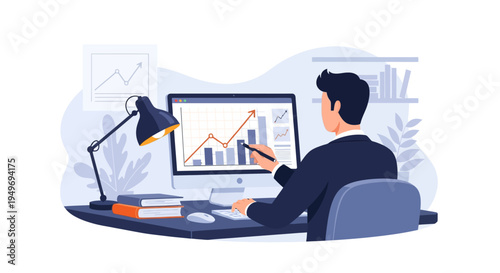 Flat vector illustration of a male businessman sitting at a desk, analyzing statistical growth charts and bar graphs on a computer monitor in a clean office environment.
