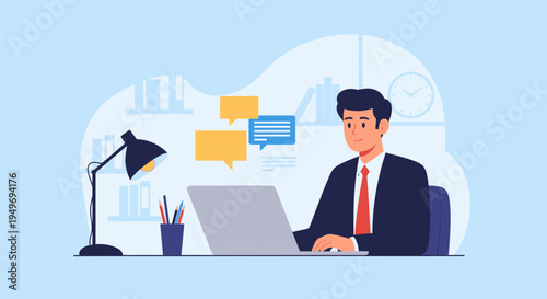 Vector illustration of a professional male employee in a business suit sitting at an office desk working on a laptop with floating envelope icons and chat bubbles for digital communication.