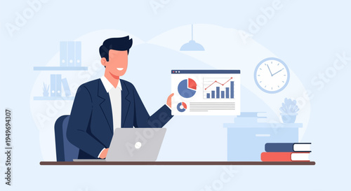 Vector illustration of a professional business analyst sitting at a desk with a laptop, presenting a digital data dashboard featuring pie charts, bar graphs, and line charts in an office.