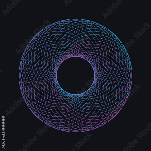 Geometric Torus in Digital Space: An abstract and elegant digital artwork presents a 3D-rendered torus. The delicate lines of the torus create a mesmerizing effect against a dark background.