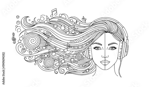 Abstract music girl portrait with headphones black and white coloring page vector illustration