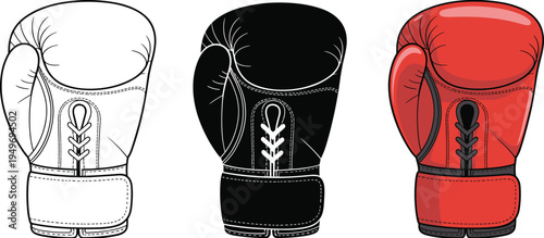 Boxing glove icon set in outline, solid and colored styles, professional boxing sport equipment vector illustration isolated on white background