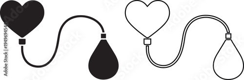 blood pressure monitor icon in silhouette and outline styles, using a heart and pump to symbolize medical healthcare, cardiology, and hypertension checkups.