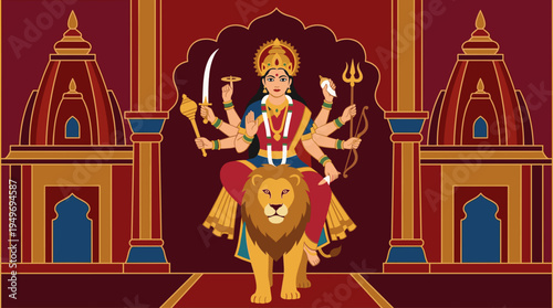 Colourful Vector Illustration Of Hindu Goddess Tulja Bhavani Riding A Lion With Temple Background Eight Arms Holding Weapons For Navratri Dussehra Festival Poster Banner Background