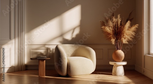 Sunlit Minimalist Interior - Beige Armchair, Pampas Grass, and Warm Light.