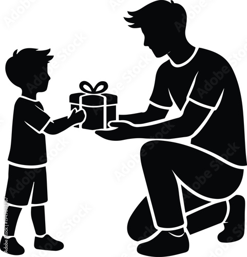 Heartwarming silhouette of a father kneeling to give a wrapped gift box to his young son, representing paternal love, birthday surprises, holiday celebrations, and family bonding moments.