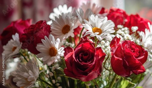 Vibrant Bouquet - Red Roses and White Daisies in Soft, Romantic Light.
