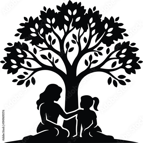 Peaceful silhouette of a mother and daughter sitting under a large leafy tree, symbolizing family roots, generational bonding, maternal love, and nature-inspired parenting concepts.