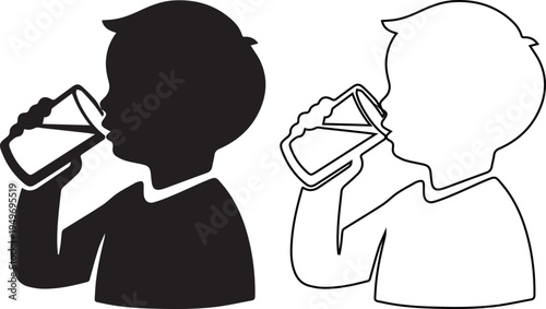 Silhouette and line art vector of a young boy drinking a fresh glass of water, highlighting healthy hydration habits, childhood nutrition, and daily wellness for kids and families.