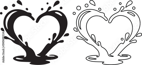 Elegant heart shape made of water splashes and liquid droplets in silhouette and line art style, perfect for romantic ocean themes, fluid nature concepts, and creative love designs.