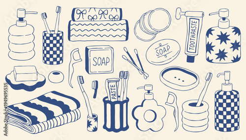 Hand drawn bathroom collection in Mediterranean style. Soap, toothbrush, toothpaste, dispenser and towels. Minimal blue line vector set for hygiene, skincare branding, packaging and lifestyle design