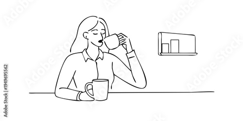 Female office worker drinking coffee with low battery energy charge indicator continuous line art drawing. Vector illustration
