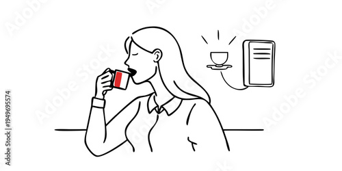 Female office worker drinking coffee with low battery energy charge indicator continuous line art drawing. Vector illustration
