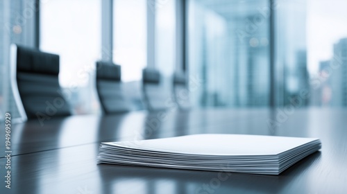 Business meeting setup with documents on table in modern office space during daylight hours