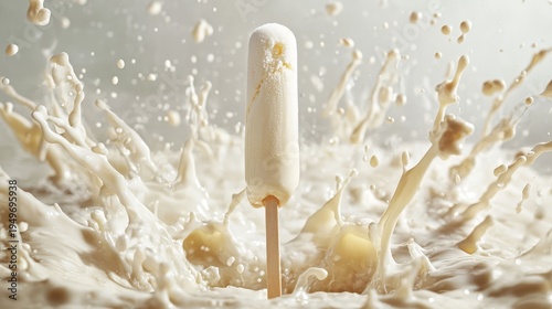 59.Ice cream stick standing in the center of a circular milk splash explosion, high clarity droplets, polished product-photography aesthetic