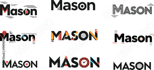 Creative Mason wordmark logo set featuring various typographic styles, geometric patterns, bold lettering, and abstract branding elements for modern corporate identity and design.
