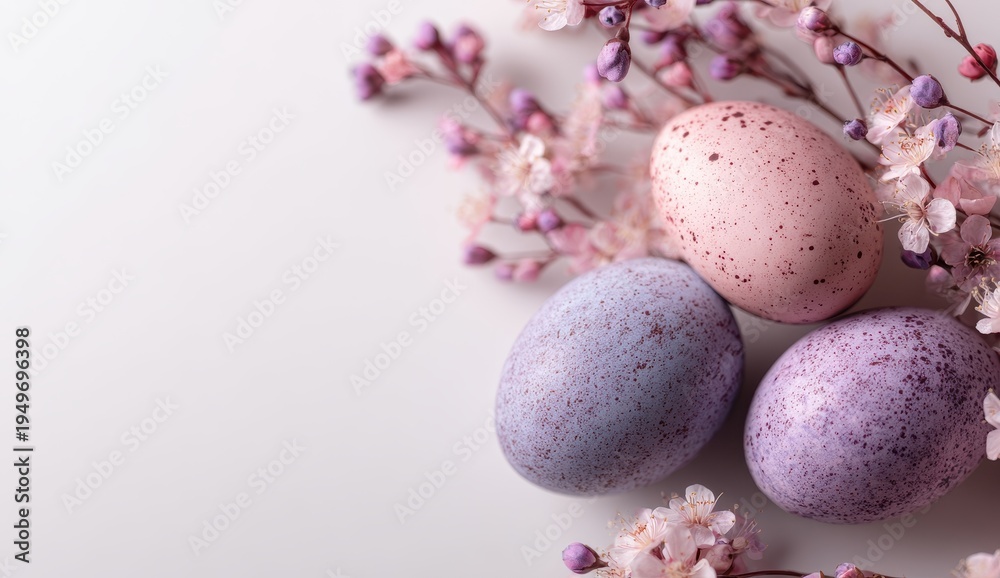Obraz premium Pastel Easter Eggs with Delicate Pink Blossoms on White Background - Springtime Still Life.