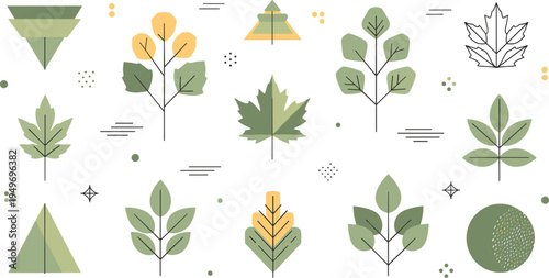 Modern minimalist geometric leaf and foliage vector set featuring abstract green and yellow botanical shapes for eco-friendly branding, spring patterns, and natural aesthetic designs.