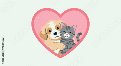 Cute Dog and Cat Hugging Inside Heart Pet Love Illustration