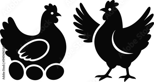 Black chicken hen silhouette with eggs and rooster vector icon set, farm poultry symbol isolated illustration for agriculture branding design