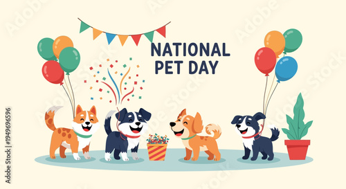 National Pet Day Celebration with Cute Dogs Balloons and Confetti Illustration