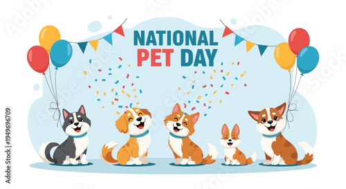 National Pet Day Celebration Banner with Cute Dogs Balloons and Confetti Illustration