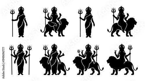 Black Silhouette Icons Of Goddess Tulja Bhavani Riding Lion And Standing With Trident Vector Illustration For Hindu Festival Dussehra Navratri And Diwali Celebration Graphic Design.