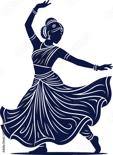 Indian classical dancer silhouette Bharatanatyam dance pose traditional cultural performance elegant woman vector illustration isolated ethnic art design