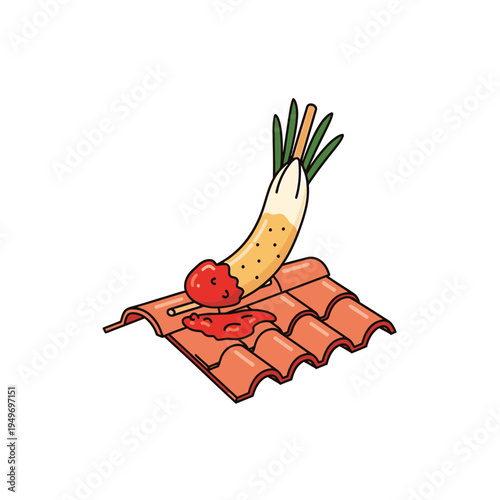 Creative Food Concept Grilled Spring Onion on a Roof vector illustration