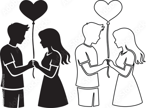 Romantic silhouette and line art vector of a young couple holding a heart shaped balloon together, perfect for Valentine's Day designs, wedding invitations, and love themed graphics.