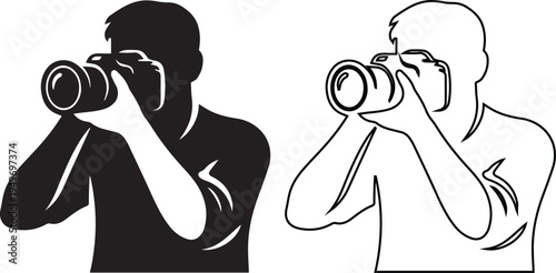 Professional photographer silhouette and line art illustration of a man holding a DSLR camera, ideal for photography courses, media production logos, and creative press icons.