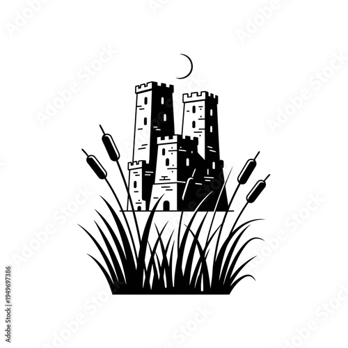 Castle and Cattails Black and White Logo vector illustration