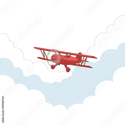Red Biplane Flying in Cloudy Sky vector illustration
