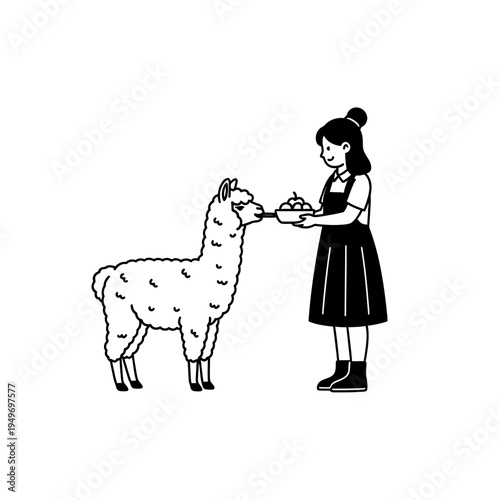 Girl Feeding an Alpaca Line Art vector illustration