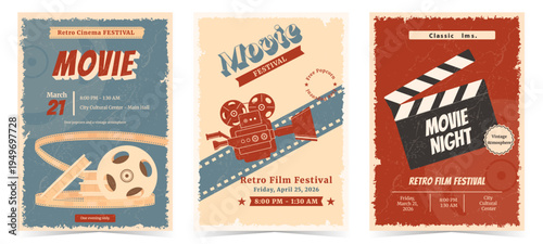 Cinema. A set of three vintage film festival posters featuring an old movie projector, film reel, and clapperboard. Retro flyer design for a movie night. Traditional entertainment event promotion card
