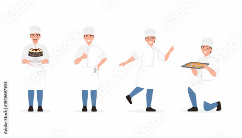 Four cartoon chefs in various poses, holding baked goods and showing positive gestures.