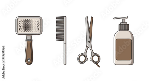 Pet Grooming Tools Set with Brush Comb Scissors and Shampoo Bottle Illustration