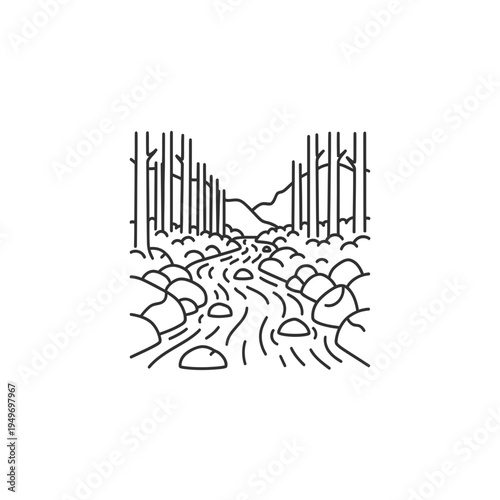 Minimalist Line Art River Through Forest vector illustration