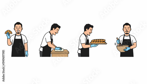 A series of illustrations depicting a chef or baker preparing various food items, including kneading dough, mixing ingredients, and holding baked goods.