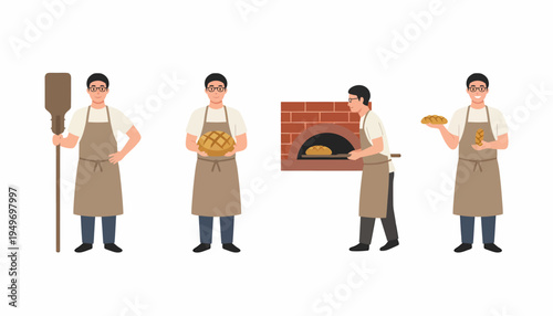 Set of flat illustrations showing a male baker in different poses, preparing and baking fresh bread in a traditional brick oven.