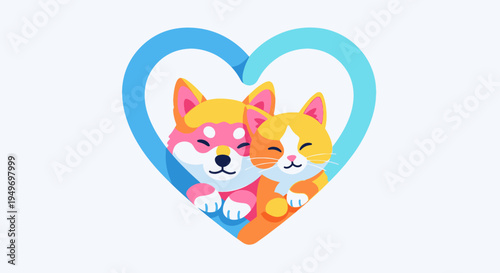 Cute Dog and Cat Hugging Inside Heart Symbol Pet Love Illustration