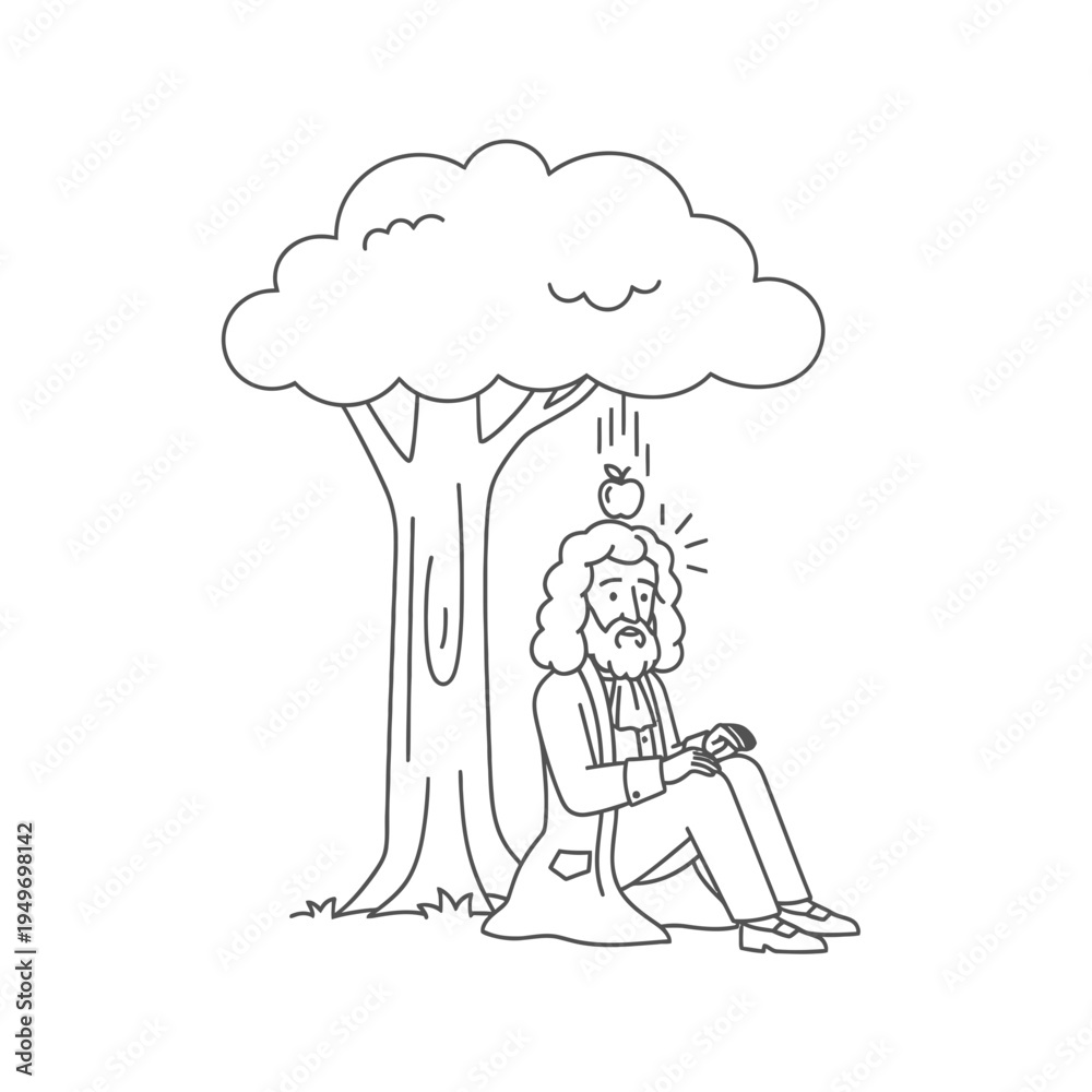 Fototapeta premium Newton and the Falling Apple Cartoon Outline vector illustration