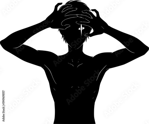 Stylized illustration of a scary looking black shadowy androgynous silhouette figure covering their face with both hands but peeking through with one eye