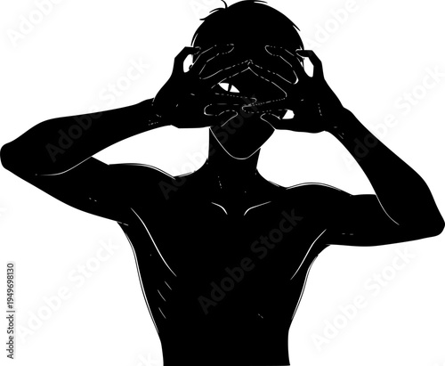 Stylized illustration of a scary looking black shadowy androgynous silhouette figure covering their face with both hands but peeking through with one eye